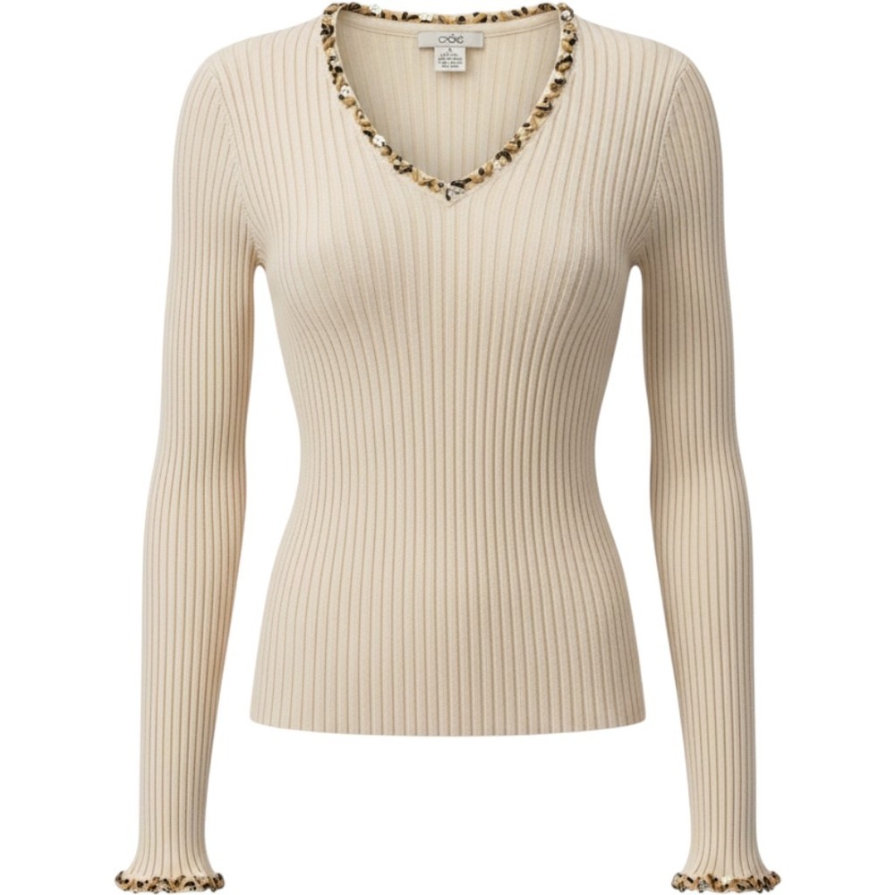 Vtg Cache Ribbed Silk Blend Knit Top Size Med Beige Beaded V-Neck Flare Sleeve